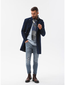 Ombre Clothing Vyriškas paltas su asimetrišku užsegimu - tamsiai mėlynas V3 OM-COWC-0102