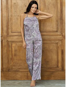 Lega atlasinė pižama su ilgomis kelnėmis "Zelda Violet - White - Beige Ornament Print"