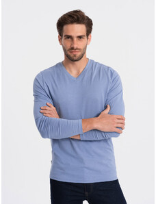 Ombre Clothing Vyriška marškininė be spaudos su V formos iškirpte - mėlyna džinsinė V9 OM-LSBL-0108