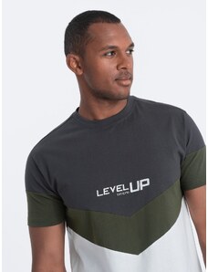 Ombre Clothing Vyriški medvilniniai trispalviai marškinėliai su logotipu - grafito/olivinės spalvos V9 S1747