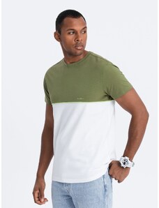 Ombre Clothing Vyriški dviejų spalvų medvilniniai marškinėliai - alyvuogių ir baltos spalvos V5 S1619