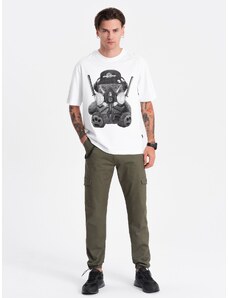 Ombre Clothing Vyriškos kelnės su krovininėmis kišenėmis ir kojų apačia - tamsiai alyvuogių žalia V1 OM-PACG-0189