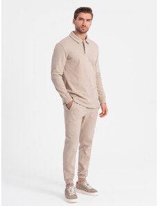 Ombre Clothing Vyriško sportinio kostiumo komplektas - marškinėliai su polo apykakle + kelnės - smėlio spalvos V2 Z71