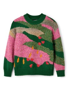 Desigual Megztinis 'FRANKIE' tamsiai žalia / margai žalia / šviesiai rožinė / raudona