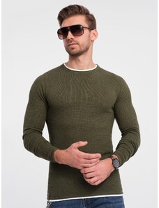 Ombre Clothing Vyriškas medvilninis megztinis su apvalia iškirpte - tamsiai alyvuogių spalvos V7 OM-SWSW-0103