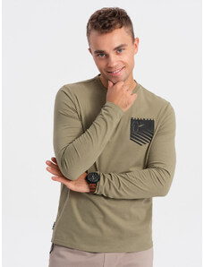 Ombre Clothing Vyriška marškininė ilgomis rankovėmis su kišenės spauda - alyvinė V2 OM-LSPT-0118