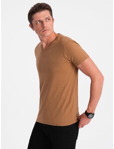 Ombre Clothing BASIC vyriški klasikiniai medvilniniai marškinėliai su V formos iškirpte - šiltai rudos spalvos V8 OM-TSBS-0145