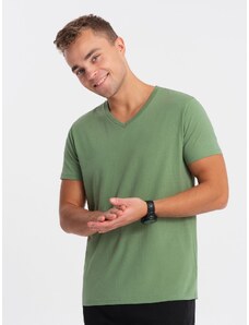 Ombre Clothing BASIC vyriški klasikiniai medvilniniai marškinėliai su V formos iškirpte - žalias V10 OM-TSBS-0145