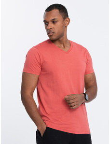 Ombre Clothing BASIC vyriški klasikiniai medvilniniai marškinėliai su V formos iškirpte - rožinės spalvos V12 OM-TSBS-0145