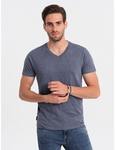 Ombre Clothing BASIC vyriški klasikiniai medvilniniai marškinėliai su V formos iškirpte - mėlynas melanžas V7 OM-TSBS-0145