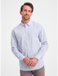 Ombre Clothing Vyriški REGULAR FIT medvilniniai marškinėliai su vertikaliomis juostelėmis - mėlyna ir balta OM-SHOS-0155