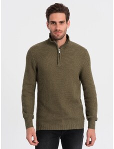 Ombre Clothing Vyriškas megztas džemperis su apykakle - alyvuogių spalvos V6 OM-SWZS-0105