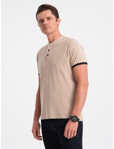 Ombre Clothing Vyriški polo marškinėliai be apykaklės - smėlio spalvos V5 OM-TSCT-0156