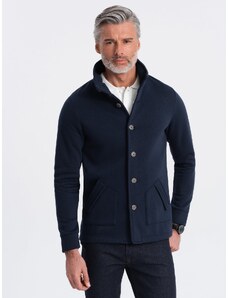 Ombre Clothing Vyriški laisvalaikio džemperiai su apykakle ir sagomis - tamsiai mėlyni V4 OM-SSZP-0171