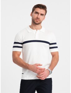 Ombre Clothing Vyriški minkšto trikotažo polo marškinėliai su kontrastingomis juostelėmis - balti V1 OM-POSS-0118