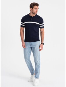 Ombre Clothing Vyriški minkšto trikotažo polo marškinėliai su kontrastingomis juostelėmis - tamsiai mėlyni V2 OM-POSS-0118