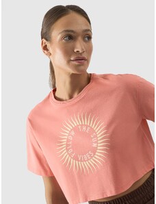 4F Moteriški T-shirt crop-top marškinėliai su grafika - lašišos spalvos
