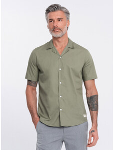 Ombre Clothing Vyriški marškiniai trumpomis rankovėmis su kubietiška apykakle - chaki spalvos V4 OM-SHSS-0168