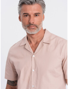 Ombre Clothing Vyriški marškiniai trumpomis rankovėmis su kubietiška apykakle - šviesiai rudi V6 OM-SHSS-0168