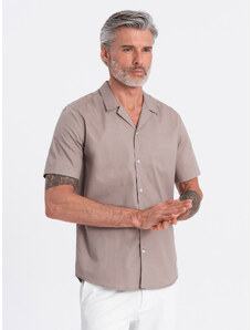 Ombre Clothing Vyriški marškiniai trumpomis rankovėmis su kubietiška apykakle - tamsiai smėlio spalvos V3 OM-SHSS-0168