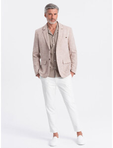 Ombre Clothing Vyriškas reguliaraus kirpimo švarkas su linu - šviesiai smėlio spalvos V2 OM-BLZB-0128