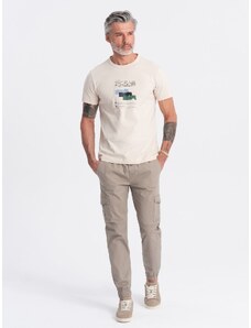 Ombre Clothing Vyriškos JOGGER kelnės su užtrauktukais ir krovininėmis kišenėmis - smėlio spalvos V2 OM-PAJO-0123