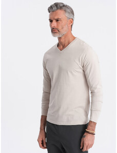 Ombre Clothing Vyriška marškininė be spaudos su V formos iškirpte - šviesiai smėlio spalvos V1 OM-LSBL-0108