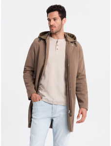 Ombre Clothing Vyriškas paltas su gobtuvu ir plonyčiais dryželiais - kavos V1 OM-COSC-0112