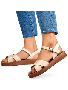 primohurt Smėlio spalvos moteriški plokšti ekologiškos odos sandalai - 38