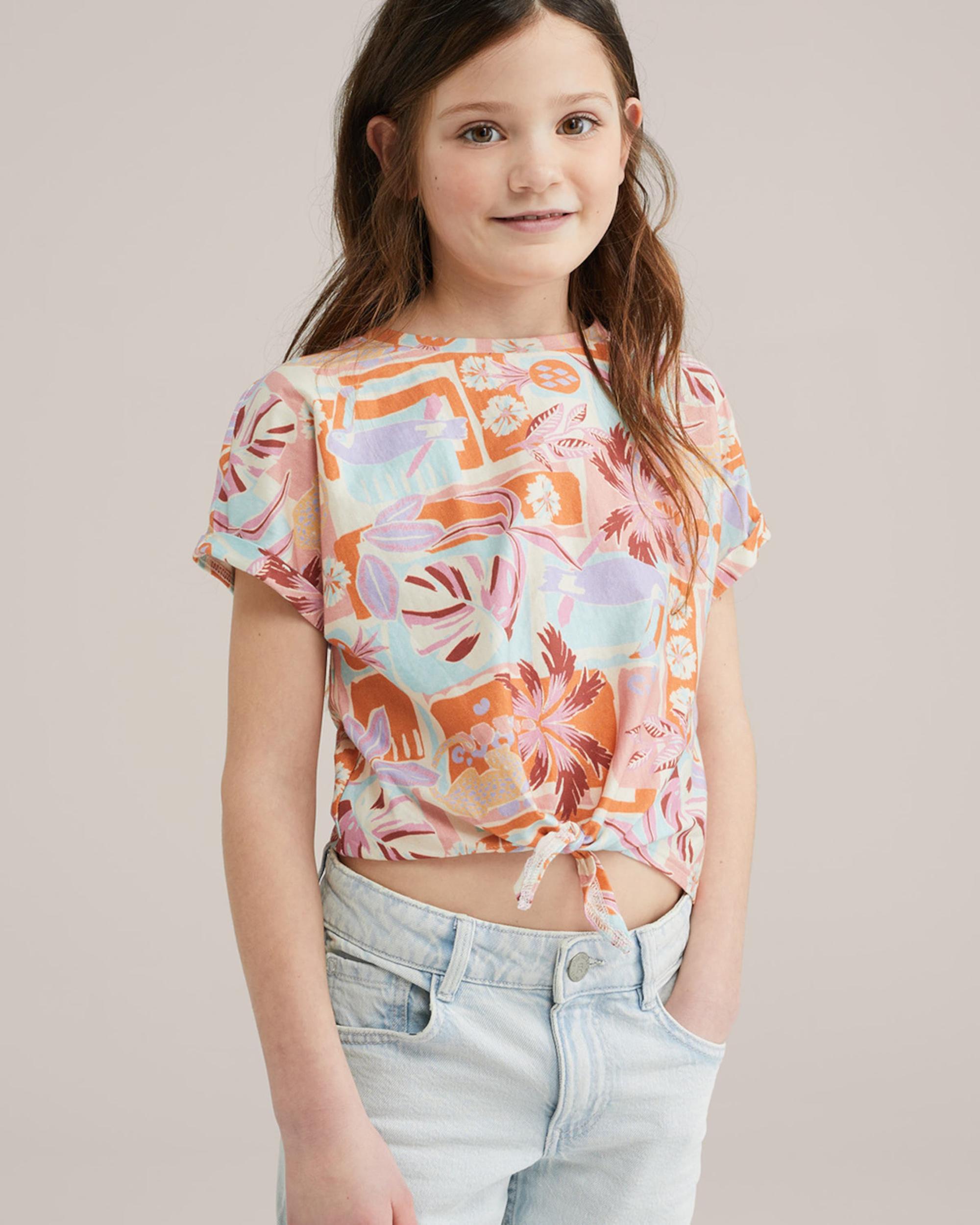 WE Fashion Marškinėliai šviesiai mėlyna / oranžinė / rožių spalva / balta