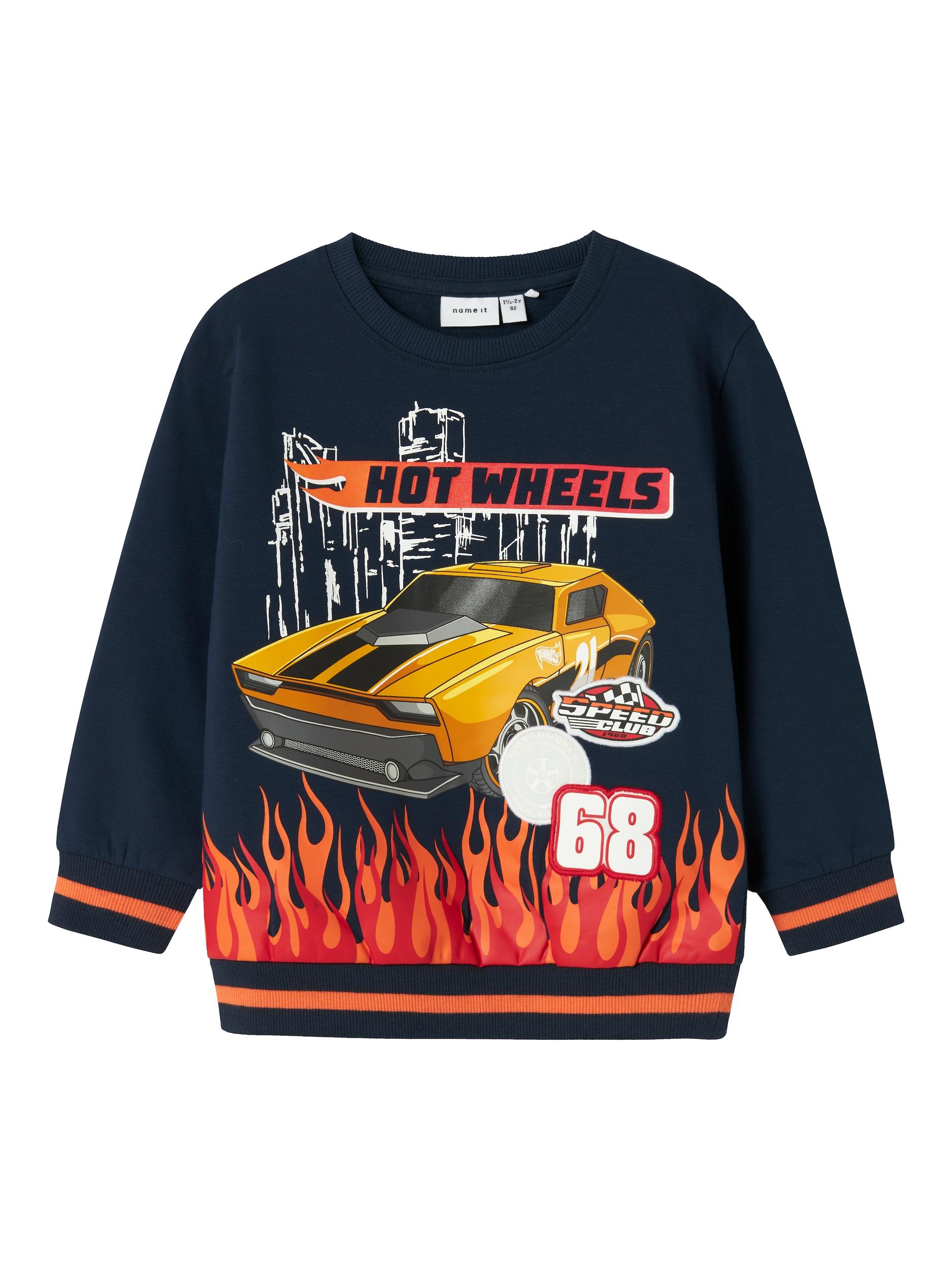 NAME IT Megztinis be užsegimo 'NMMJAKI HOTWHEELS' tamsiai mėlyna / geltona / oranžinė / balta