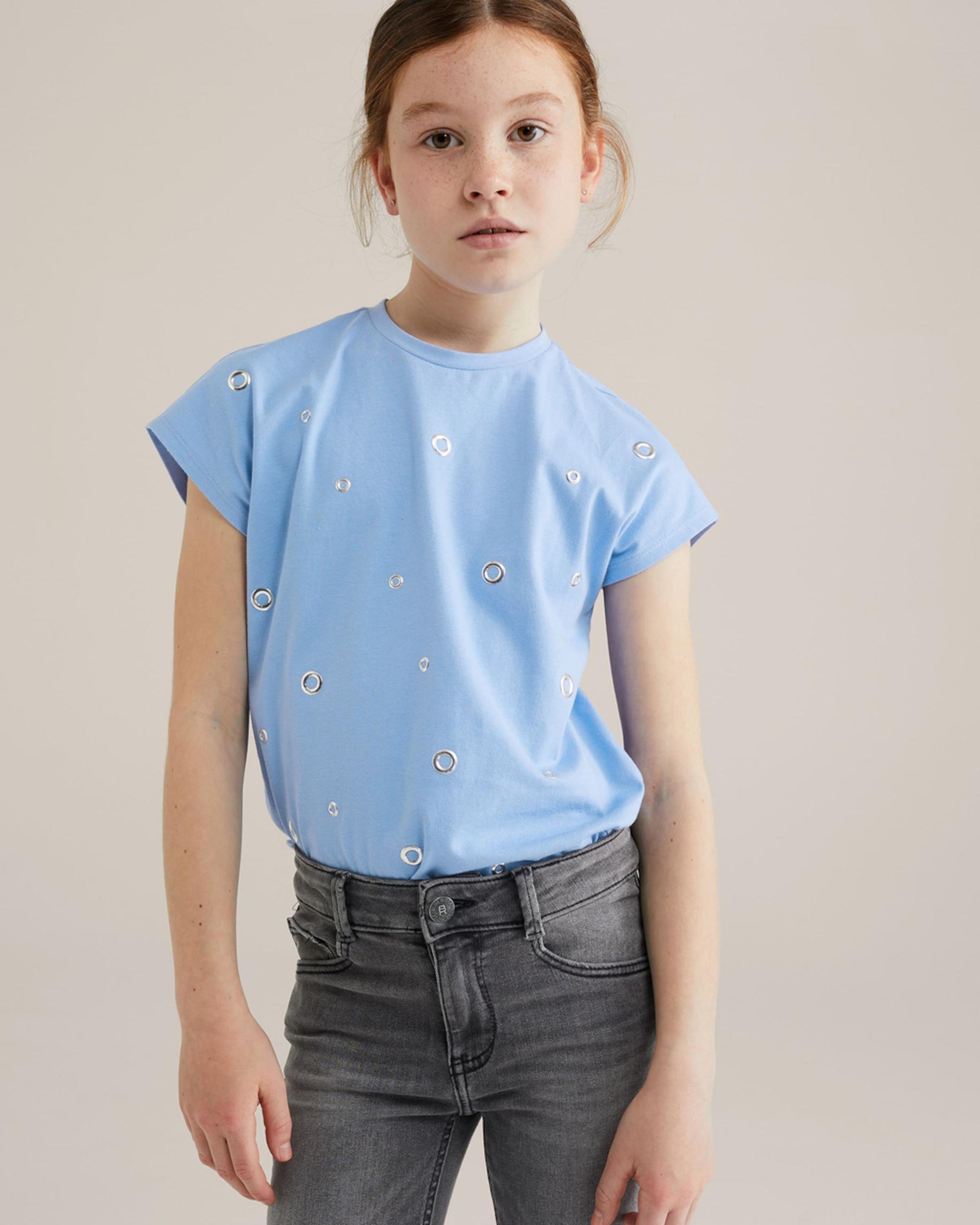 WE Fashion Marškinėliai šviesiai mėlyna / sidabrinė