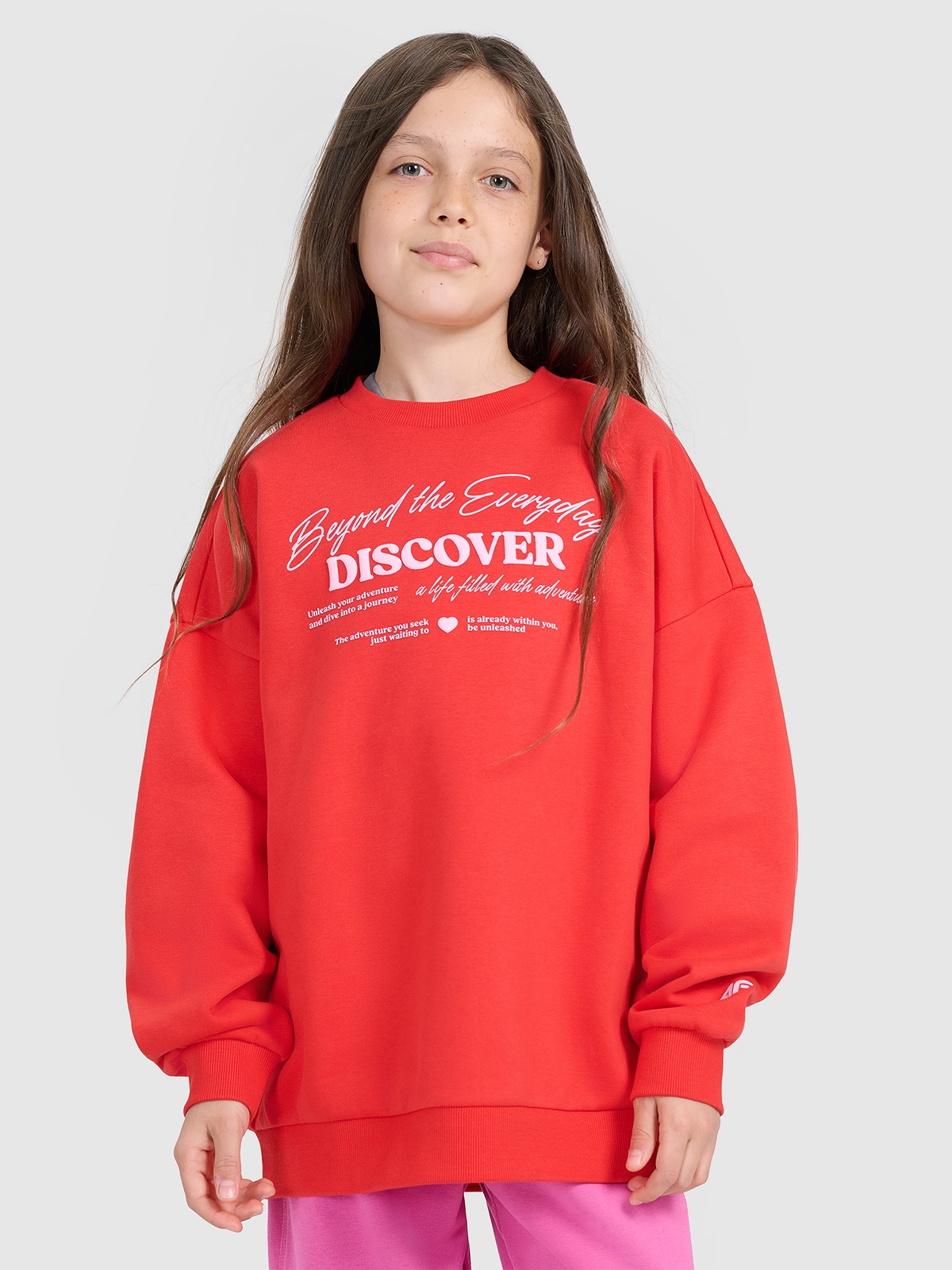 4F Sportinis oversize neatsegamas džemperis be gobtuvo mergaitėms - raudonas