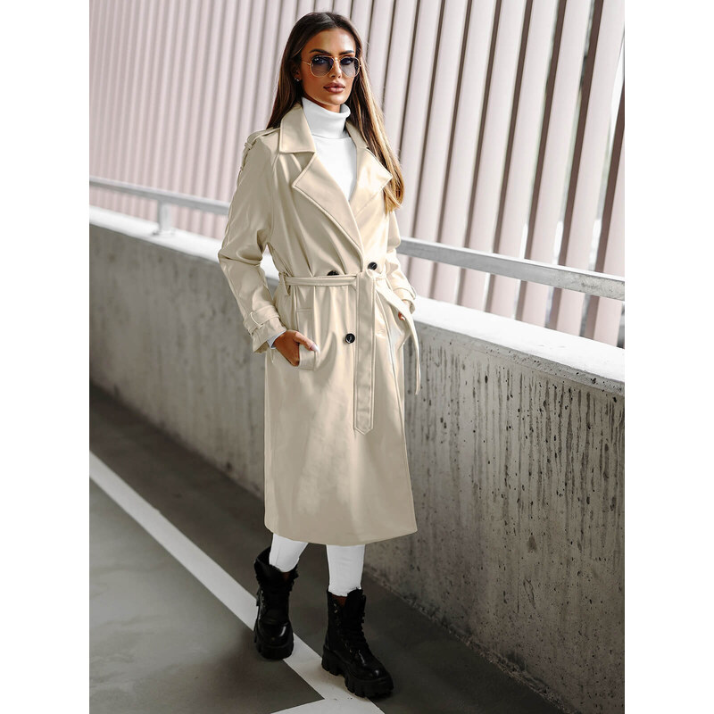Šviesiai-smėlinė moteriškas odinis paltas OZONEE JS/11Z8100