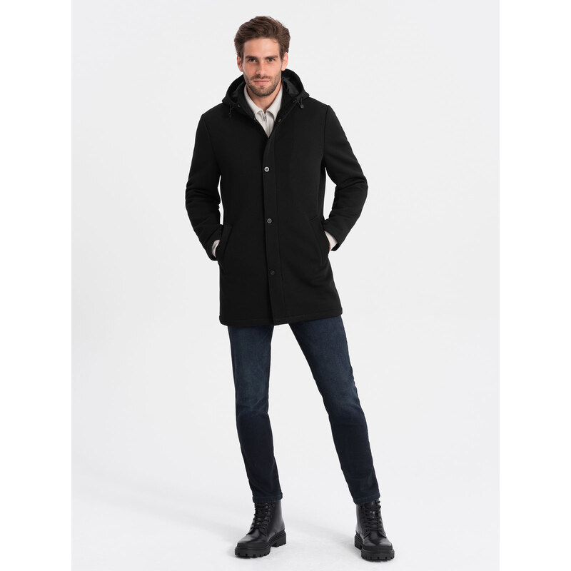 Ombre Clothing Vyriškas apšiltintas paltas su gobtuvu ir paslėptu užtrauktuku - juodas V1 OM-COWC-0110