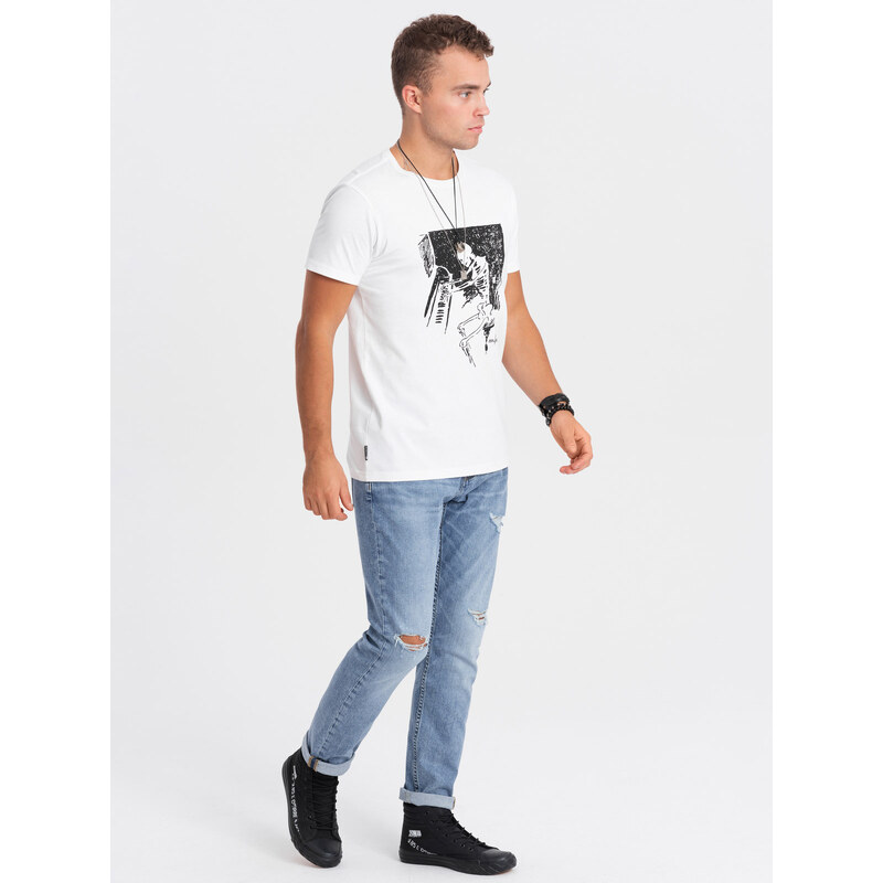 Ombre Clothing Vyriški medvilniniai marškinėliai su spauda - balti V1 OM-TSPT-0159