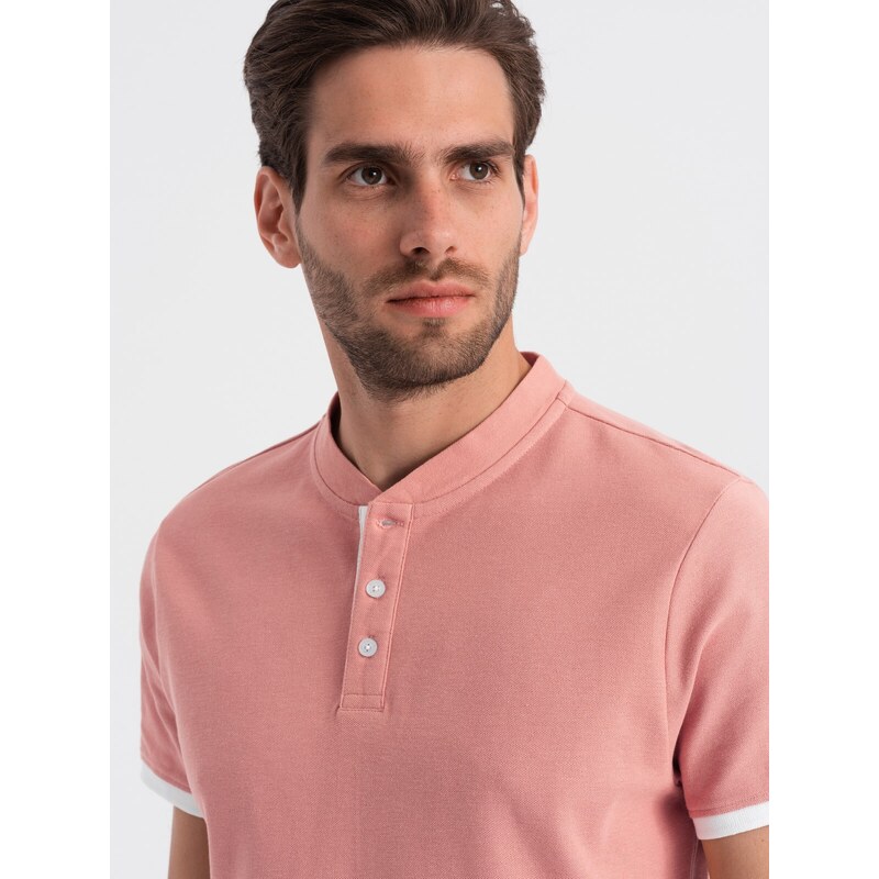 Ombre Clothing Vyriški polo marškinėliai be apykaklės - rožinės spalvos V7 OM-TSCT-0156