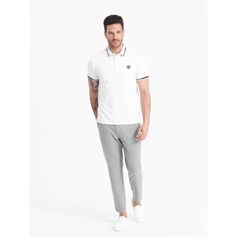 Ombre Clothing Vyriški elastano polo marškinėliai su kontrastingais elementais - balti V1 OM-POSS-0123