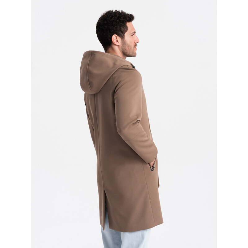 Ombre Clothing Vyriškas paltas su gobtuvu ir plonyčiais dryželiais - kavos V1 OM-COSC-0112