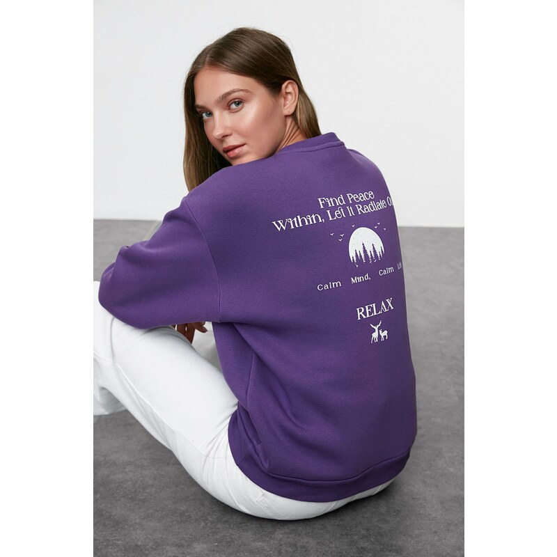 Trendyol Purple Oversize/Wide Pattern Slogan Printed Thick Polar