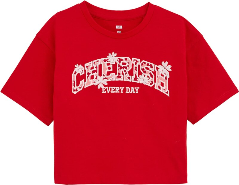 WE Fashion Marškinėliai rožių spalva / raudona / balta