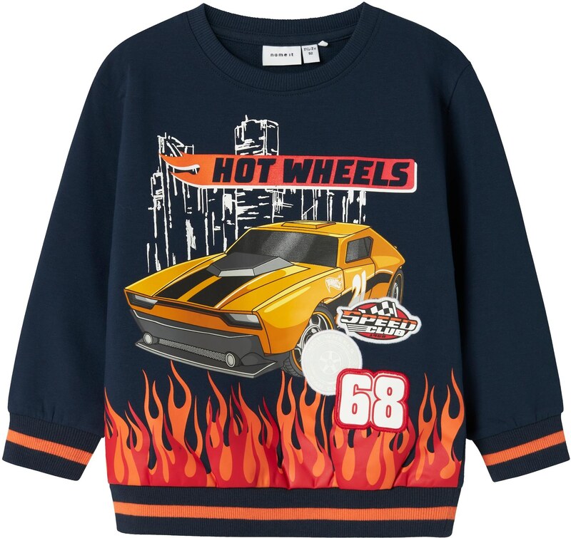 NAME IT Megztinis be užsegimo 'NMMJAKI HOTWHEELS' tamsiai mėlyna / geltona / oranžinė / balta