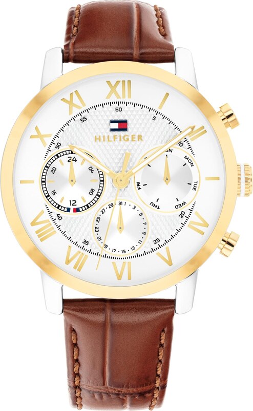 TOMMY HILFIGER Analoginis (įprasto dizaino) laikrodis 'OXFORD' ruda / auksas / balta