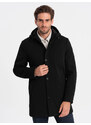 Ombre Clothing Vyriškas apšiltintas paltas su gobtuvu ir paslėptu užtrauktuku - juodas V1 OM-COWC-0110